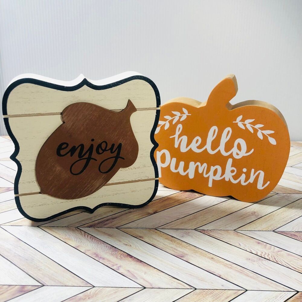 Hello Pumpkin and Enjoy Acorn Pumpkin Wood Block Autumn Fall Décor HTF